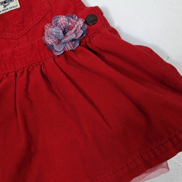 Oshkosh Bgosh Skirtall Girls Size 2T Red Corduroy Flower Tulle Overalls Dress - Picture 2 of 6